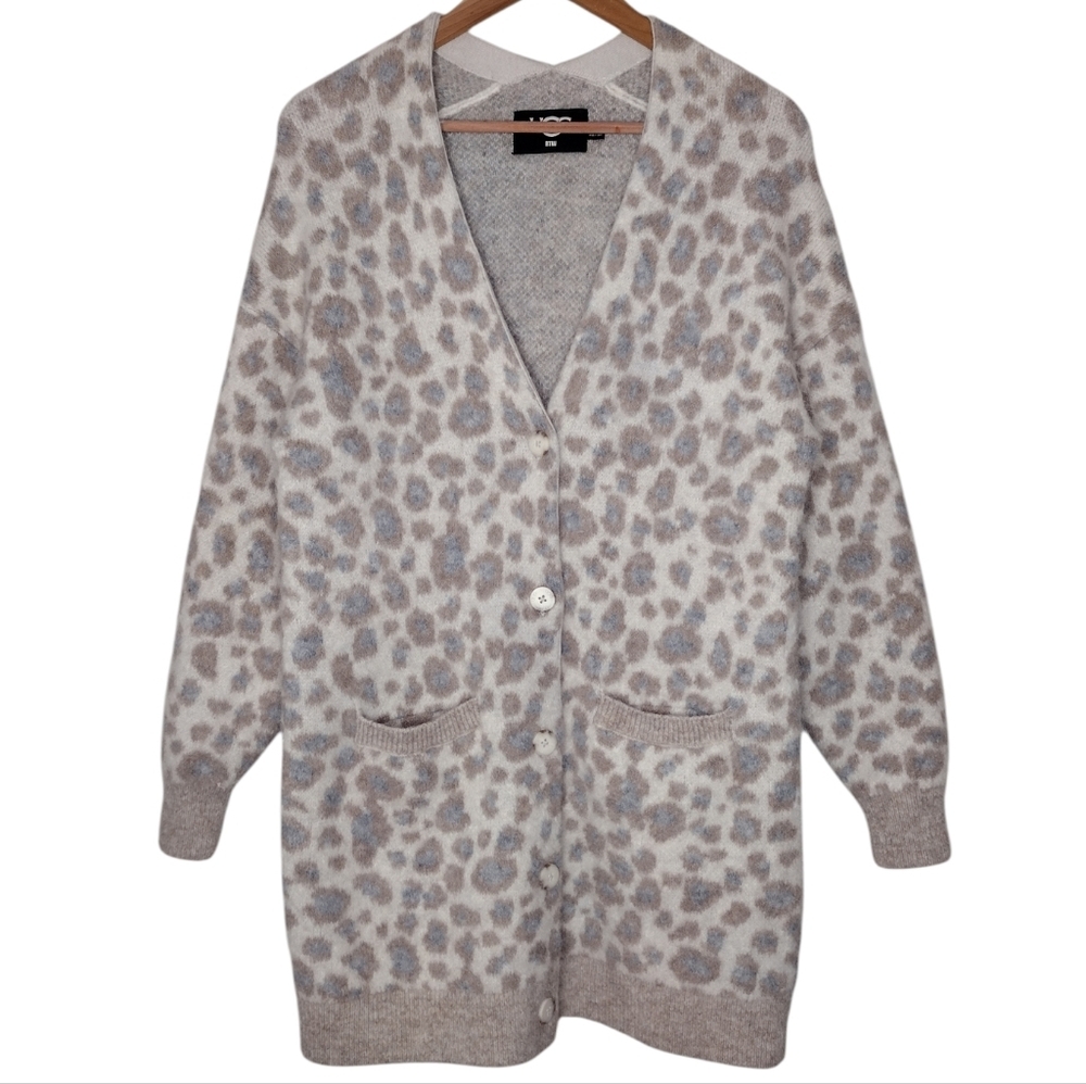 UGG RTW Alpaca Wool Blend Leopard Print Gray Cream Cardigan Sz M